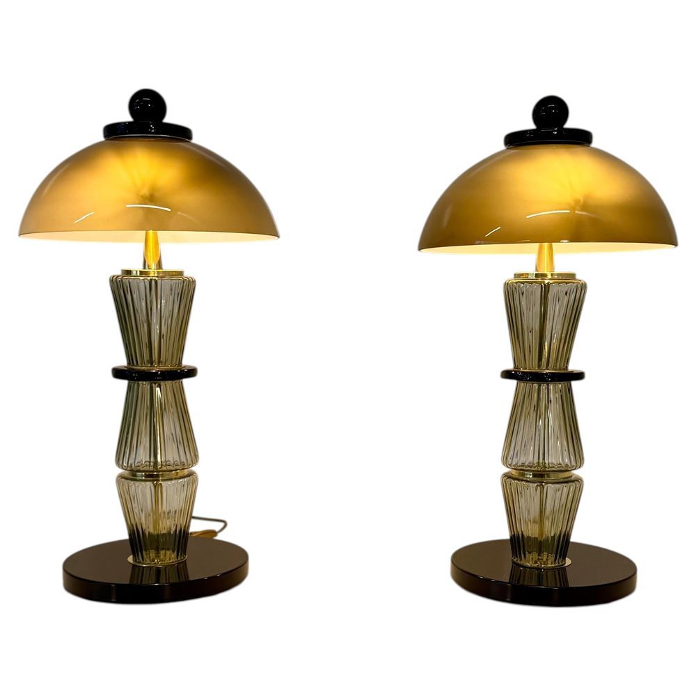 Coppia di Lampade da Tavolo in Vetro di Murano Fumé Grigio e Nero